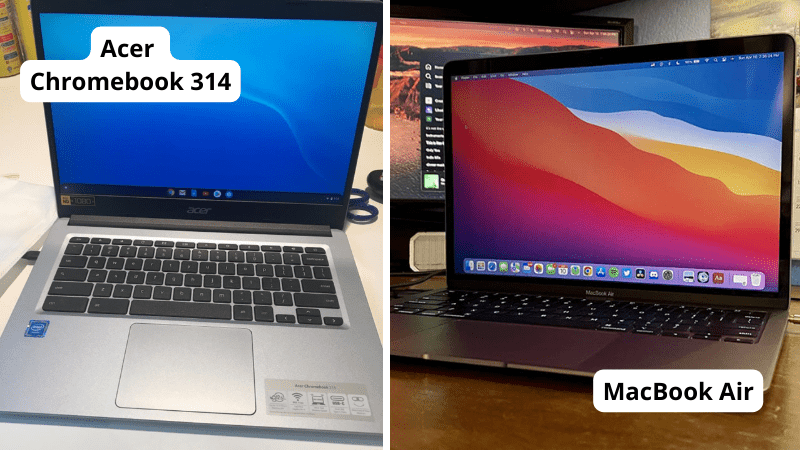 Acer Chrombook 314 on desk and MacBook Air on desk
