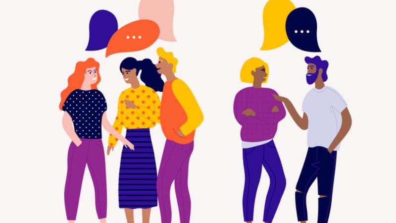 cartoon drawing of diverse group of people talking