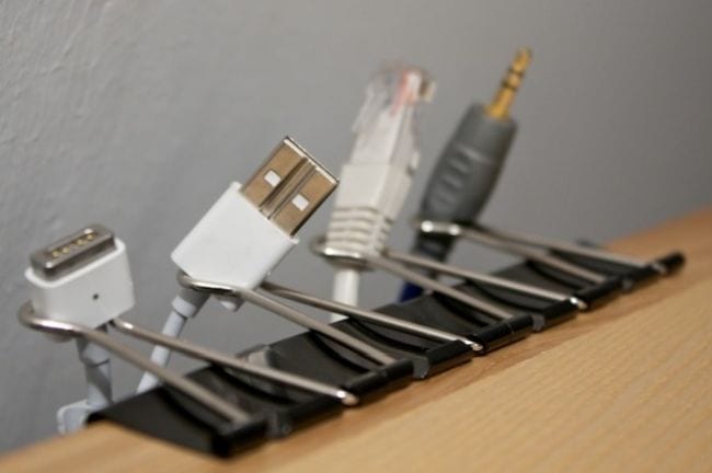 Use binder clips to organize cords
