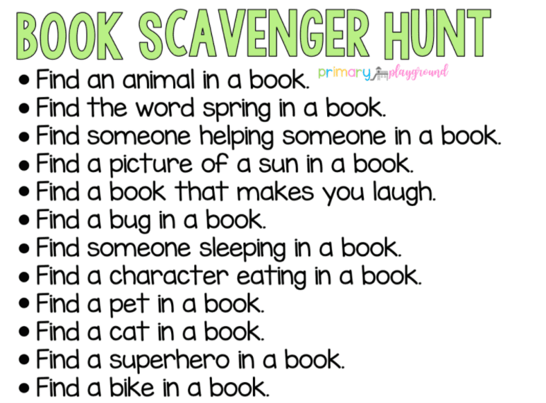 a list of ideas to hold a book scavenger hunt