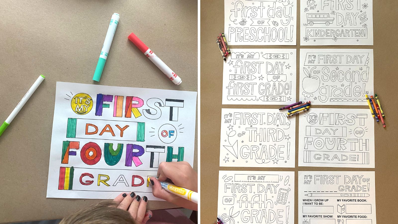 Boy coloring in first day of school signs