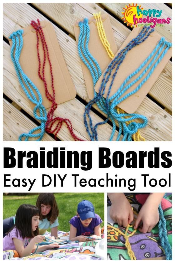 Text reads Braiding Boards Easy DIY Teaching Tool. strings of yarn are grouped into threes and attached to boards.