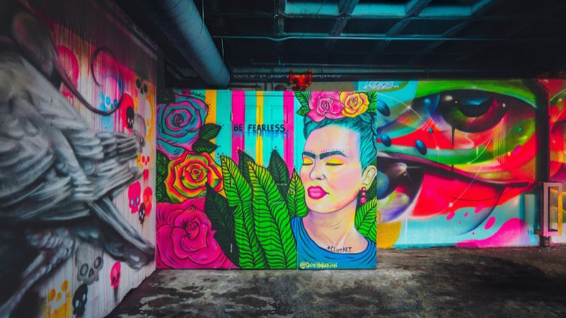 Brightly painted walls displaying Frida Kahlo to celebrate Hispanic Heritage Month