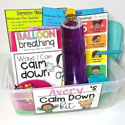 Calm down kit with different tools inside to help children settle themselves down