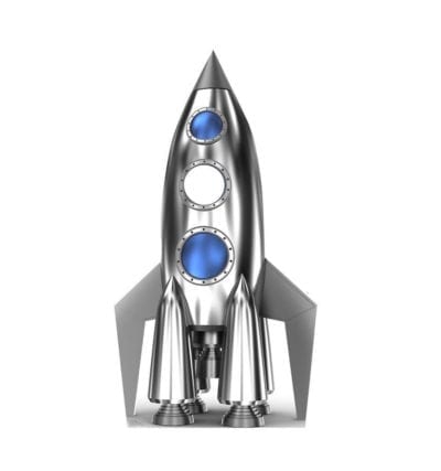 Silver metallic cardboard model of a space shuttle with blue and white accents