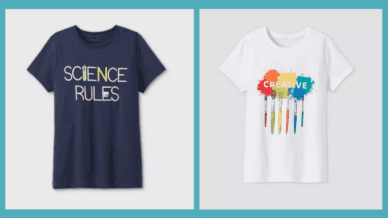 Navy Science Rules T-Shirt and a white shirt with different colored paintbrushes hanging from the words creative