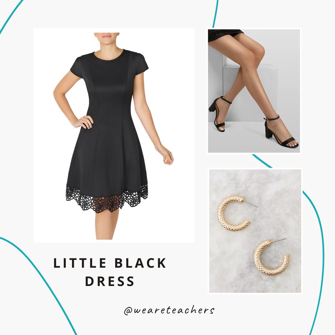 A little black dress, black heels and gold hoop earrings.