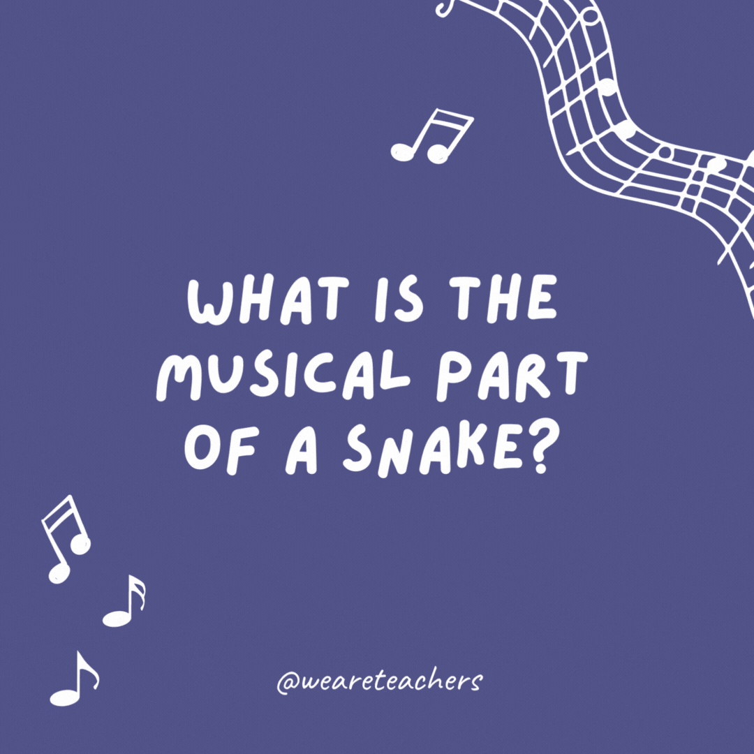 Example of music jokes for kids: What is the musical part of a snake? Its scales.