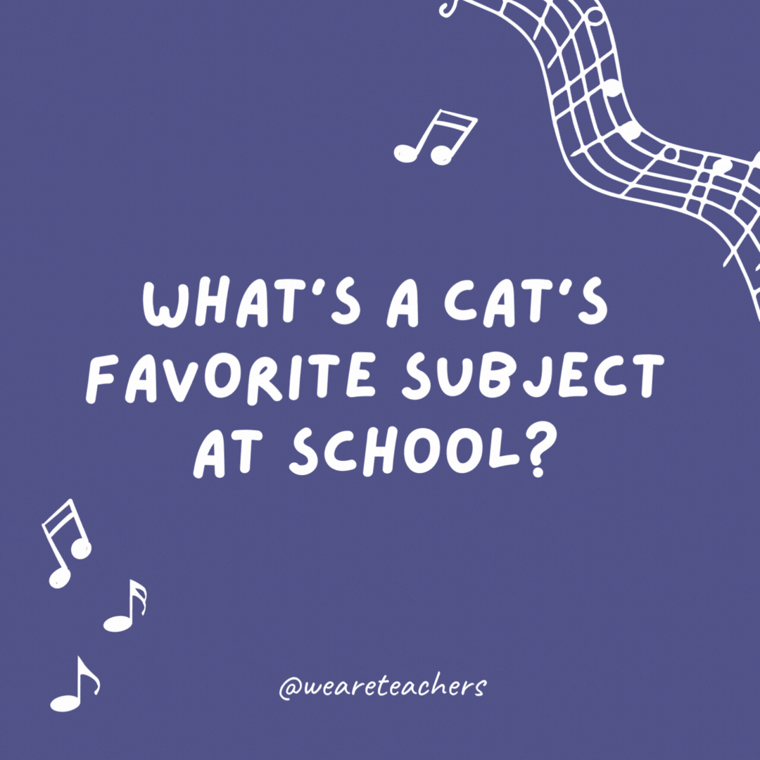 Example of music jokes for kids: What's a cat's favorite subject at school? Mew-sic.