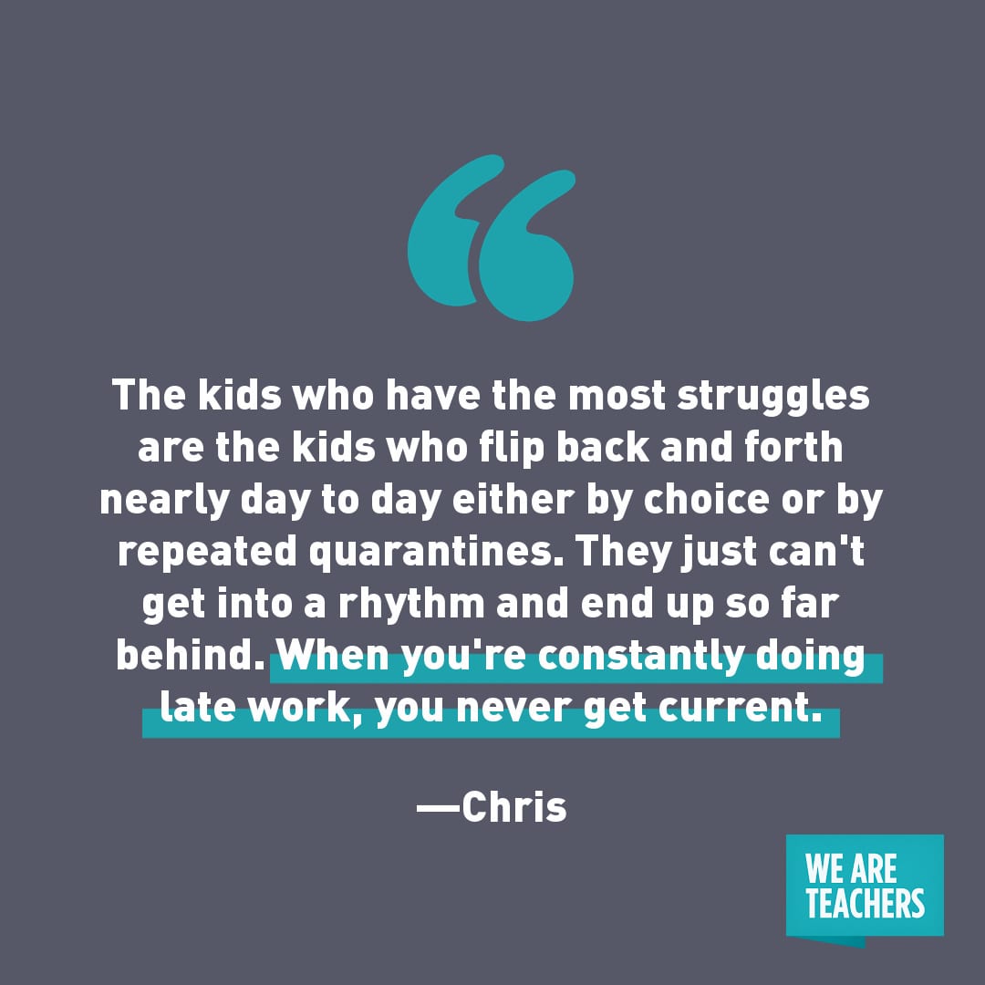 “The kids who have the most struggles are the kids who flip back and forth nearly day to day either by choice or by repeated quarantines. They just can't get into a rhythm and end up so far behind. When you're constantly doing late work, you never get current." —Chris 
