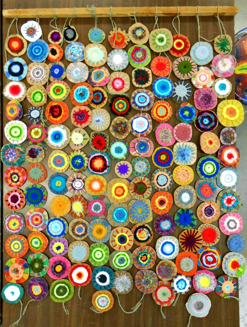 art auction ideas- a colorful tapestry made from felt circles