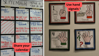 Collage of two classroom routines with call outs 'Share your calendar' and 'Use hand signals'
