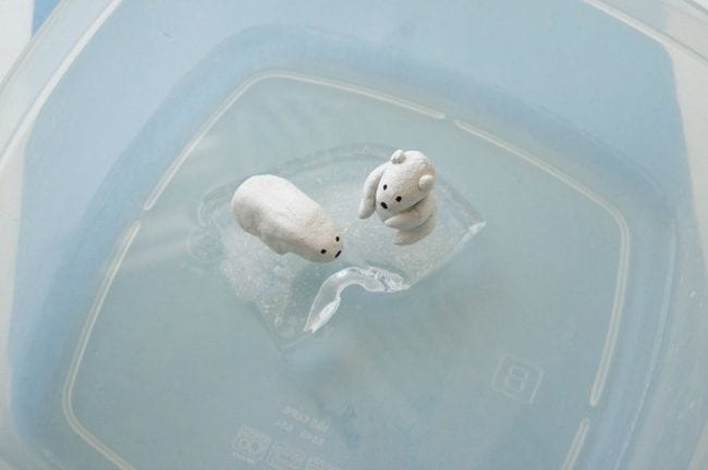 Две модели белых медведей плавают на маленьком кусочке льда в пластиковом контейнере 