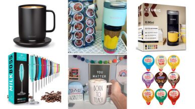 Collage of coffee station accessories and real life examples