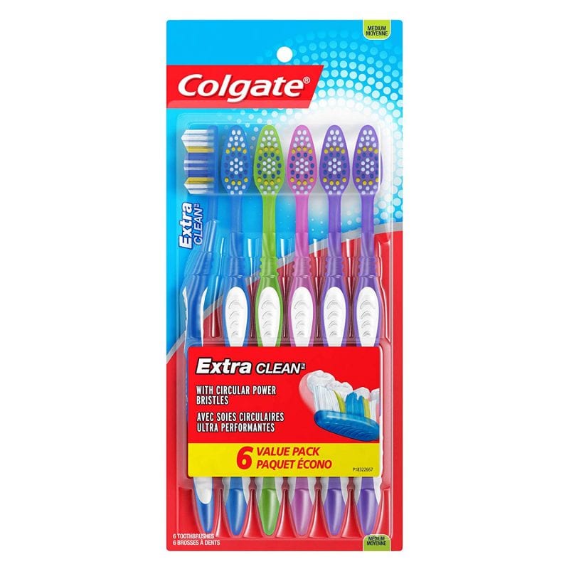 Package of 6 Colgate toothbrushes in assorted colors.