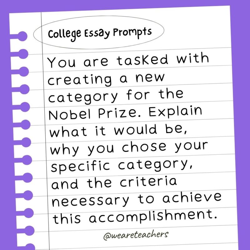 You are tasked with creating a new category for the Nobel Prize. Explain what it would be, why you chose your specific category, and the criteria necessary to achieve this accomplishment.