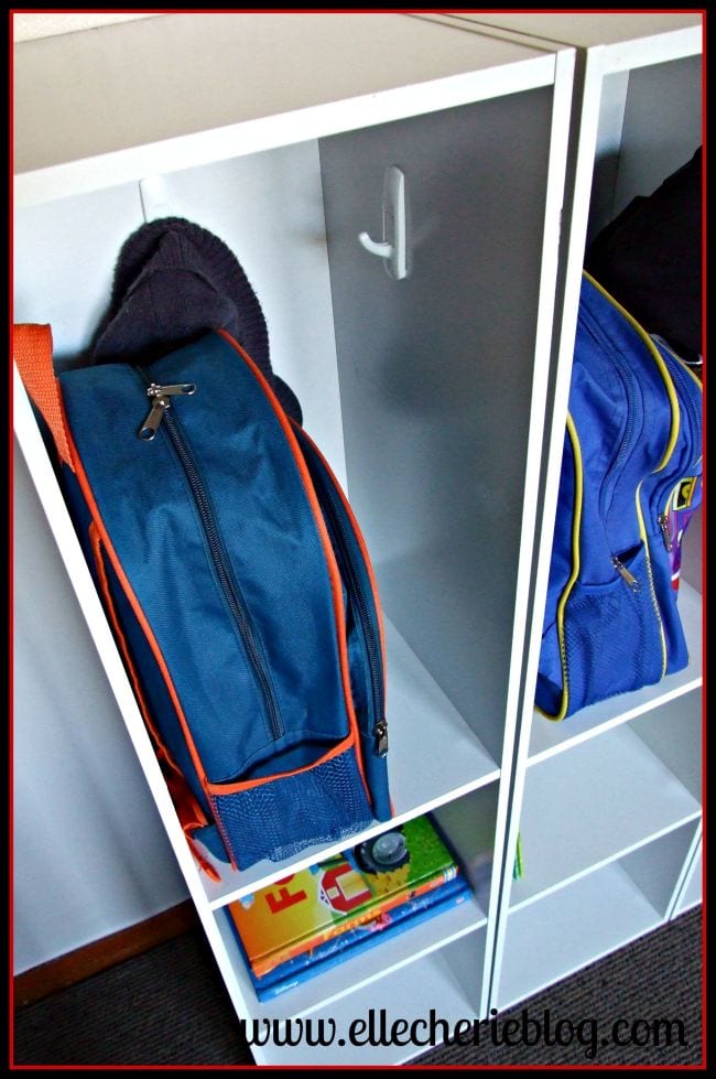 Tall narrow shelving units turned into classroom cubbies with room for backpacks