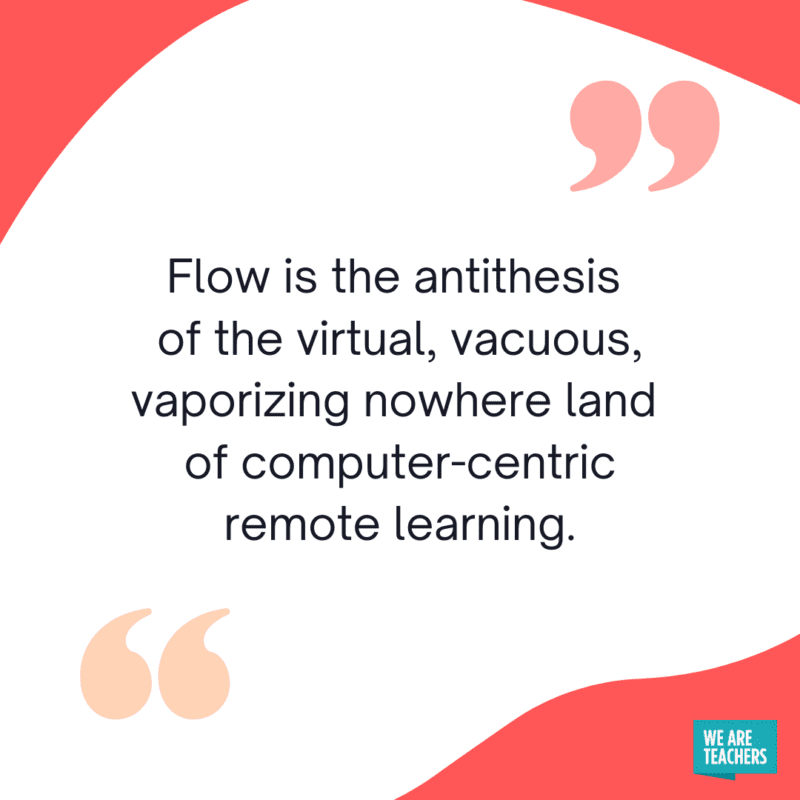 "Flow is the antithesis of the virtual, vacuous, vaporizing nowhere land of computer-centric remote learning."