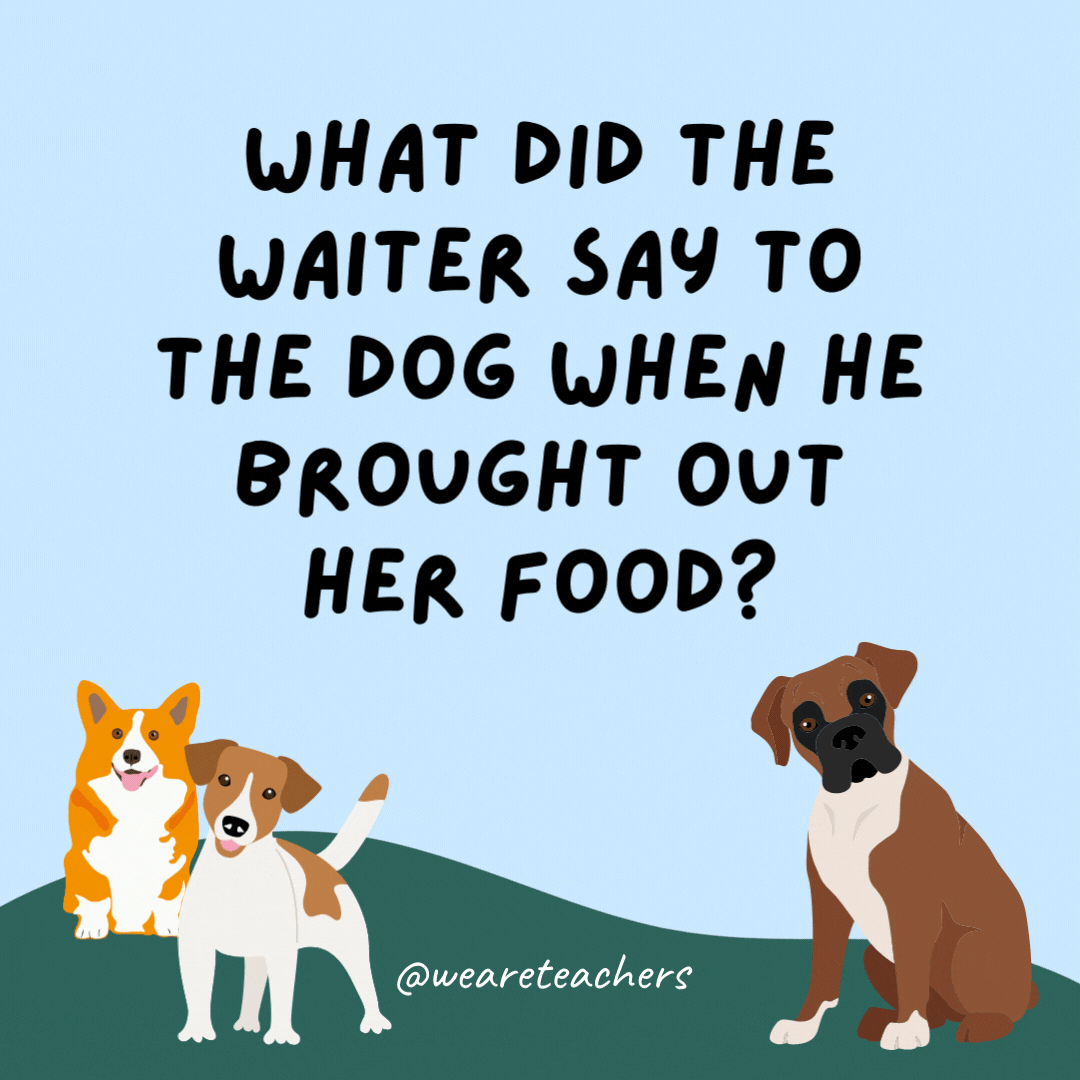 What did the waiter say to the dog when he brought out her food? Bone appétit.