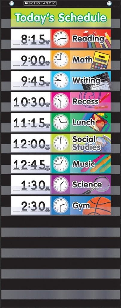 Colorful daily schedule calendar with tabs for Reading, Math, writing, recess, lunch, social studies, music, science, gym.
