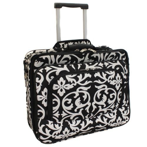 Rolling bag with laptop compartment in a black and white damask pattern (Best Teacher Bags)