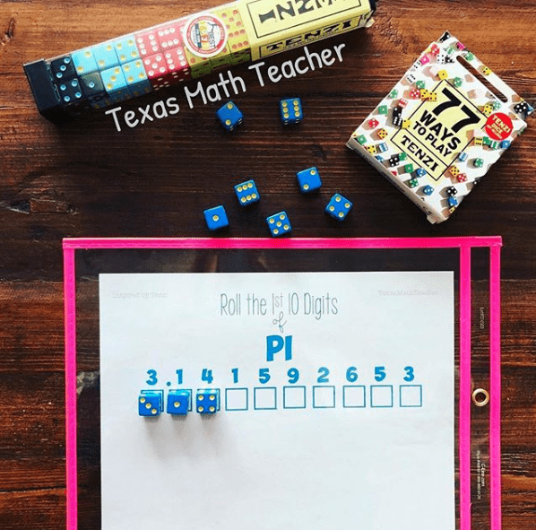 Set of multicolored Tenzi dice, a box of 77 Ways to Play Tenzi cards and a Roll the Digits of Pi game board in a dry erase sleeve, for pi day activities for the classroom