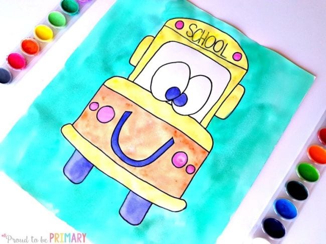 صورة مائية لحافلة مدرسية مبتسمة - رسم موجه للأطفال