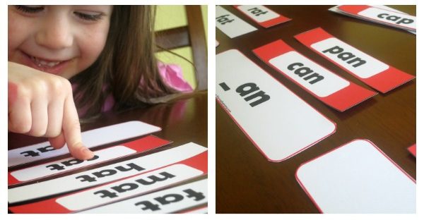 two images of rhyming words written on red strips of paper, one image has a child pointing at one of the words