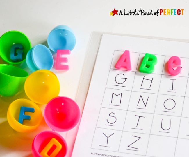 Plastic eggs with letter beads inside, with a printable worksheet for matching the letters