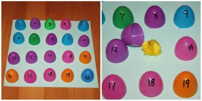 Plastic Easter egg halves labled with numbers and laid out in a grid; second photo shows one egg lifted to reveal small toy chick (Easter Egg Activities)