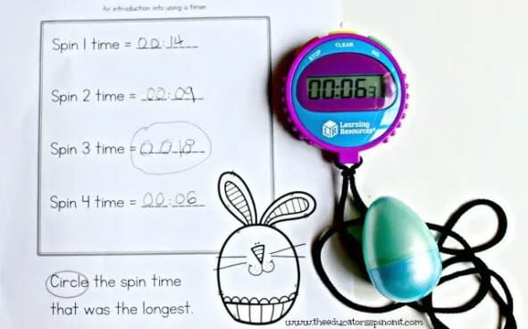 Printable worksheet with a stopwatch and plastic Easter egg