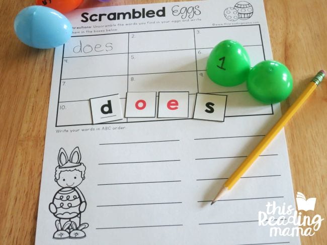 Scrambled Eggs printable worksheet with plastic eggs and small cards spelling out the word 