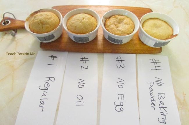 Four small cakes labeled #1 regular, #2 no oil, #3 no egg, and #no baking powder (Edible Science)
