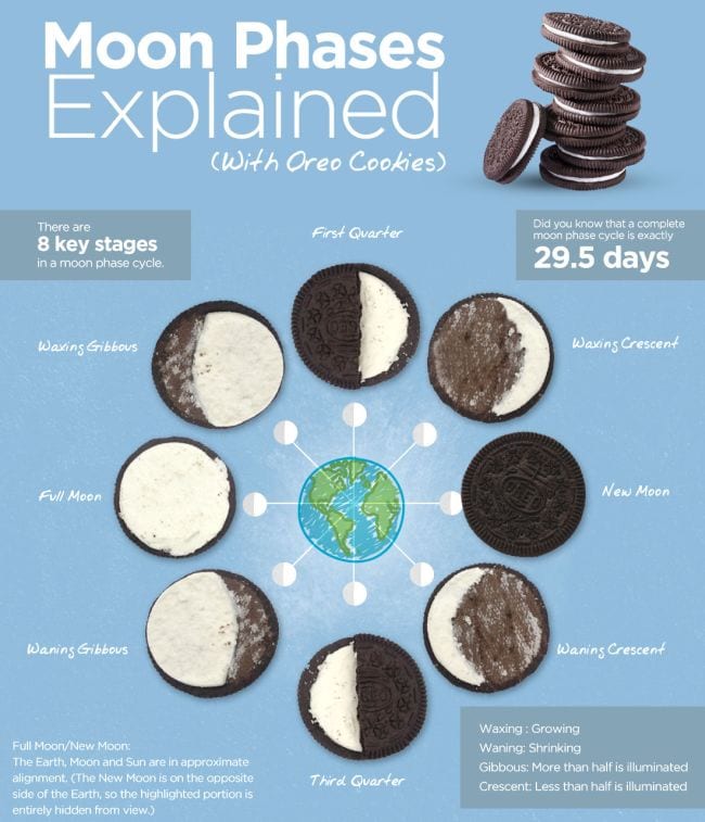 Moon Phases Explained With Oreo Cookies poster, showing 8 key moon stages with cookie fillings (Edible Science)