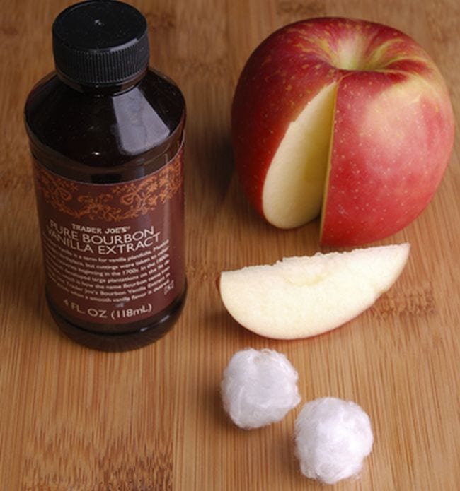 Bottle of vanilla extract, apple with a slice removed, and cotton balls on a wood surface (Edible Science)