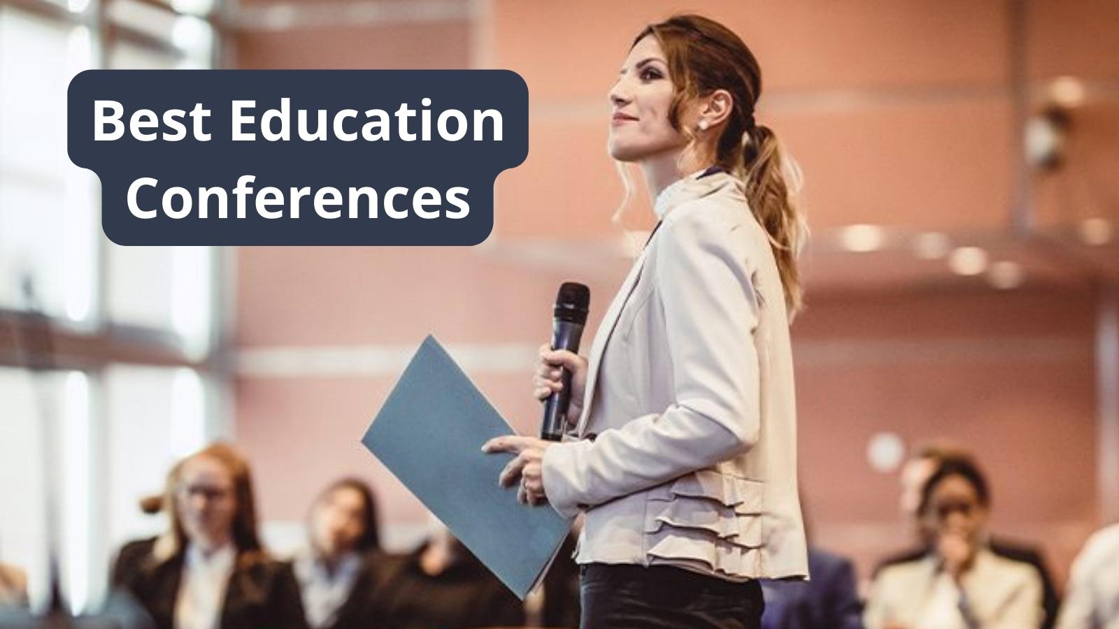 Best education conferences with a woman giving a presentation.