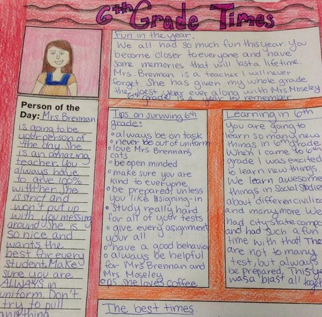6th Grade Times newspaper created by students for their end of year assignment