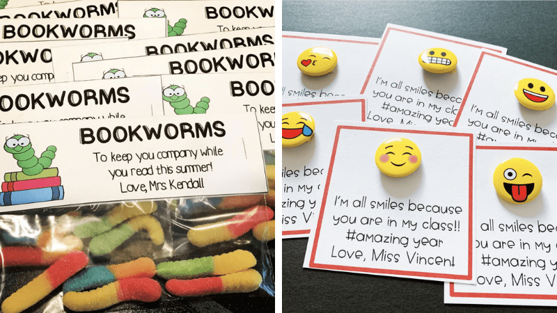 End of year student gifts: gummy bookworms and emoji pins