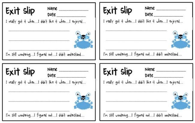 Exit slips with prompts and blank lines to write an answer.