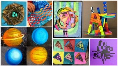 Collage of fifth grade art projects