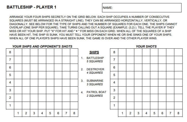 Printable Battleship rules and game boards