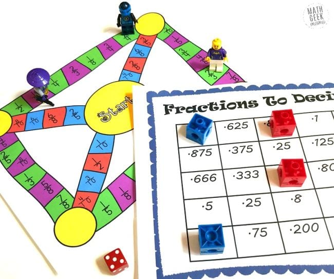Printable Fractions to Decimals board game with markers and dice
