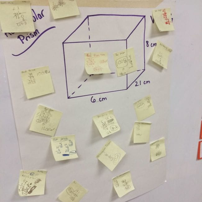 Cube drawn on chart paper with sticky notes showing the volume computations (Fifth Grade Math Games)