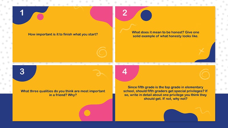 Four orange images of questions for fifth grade.