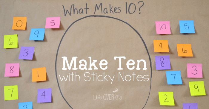 Colorful sticky notes labeled with numbers, outside a circle with the text What Makes 10?
