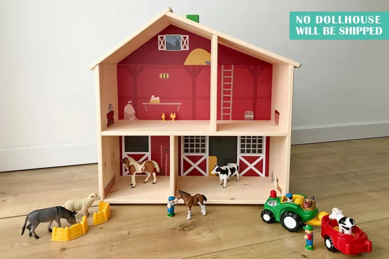 A small wooden dollhouse with 4 different sized compartments is setup to look like a barn., as an example of IKEA classroom supplies.
