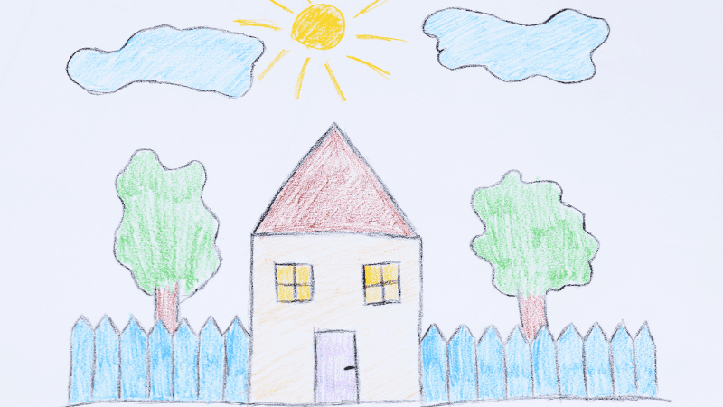 Drawing of a simple house with two trees and a sun for games that teach responsibility