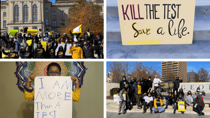 Collage of images of members of Teach For Good Trouble who are protesting against standardized testing during COVID and who have created a petition