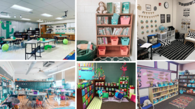 Six separate images of classroom ideas including desert themed, tropical, and book themed.