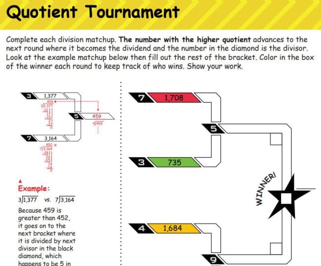 Rules for playing Quotient Tournament game (Fourth Grade Math Games)